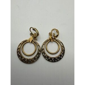 Vintage Gold Tone Filigree Double Hoop Clip On Earrings Ornate Boho Drop Jewelry